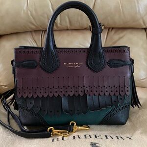 SALE! Burberry Brogue Banner COA Leather Fringe Satchel Bag Black Green Burgundy